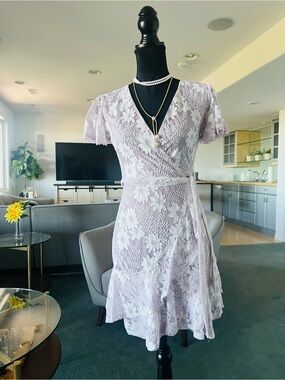 Lace Wrap Mini Dress in Soft Lavender